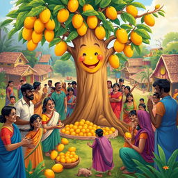 A heartwarming village scene where villagers joyfully gather around a magical mango tree, sharing the abundant supply of juicy mangoes