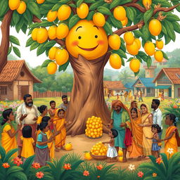 A heartwarming village scene where villagers joyfully gather around a magical mango tree, sharing the abundant supply of juicy mangoes