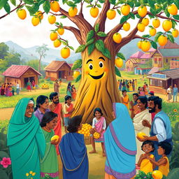 A heartwarming village scene where villagers joyfully gather around a magical mango tree, sharing the abundant supply of juicy mangoes