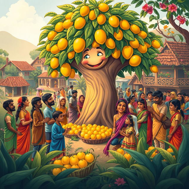 A heartwarming village scene where villagers joyfully gather around a magical mango tree, sharing the abundant supply of juicy mangoes