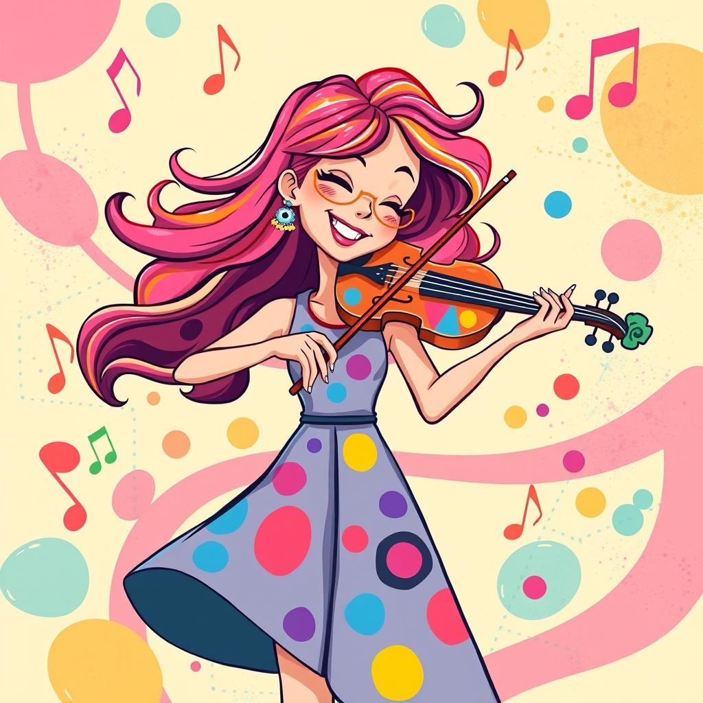 A lively and colorful illustration of a woman playing the violin in the style of IncrediBox