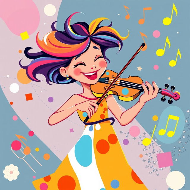 A lively and colorful illustration of a woman playing the violin in the style of IncrediBox