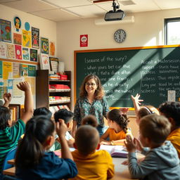 A vibrant and inspiring classroom scene showcasing an enthusiastic teacher engaging with a diverse group of students