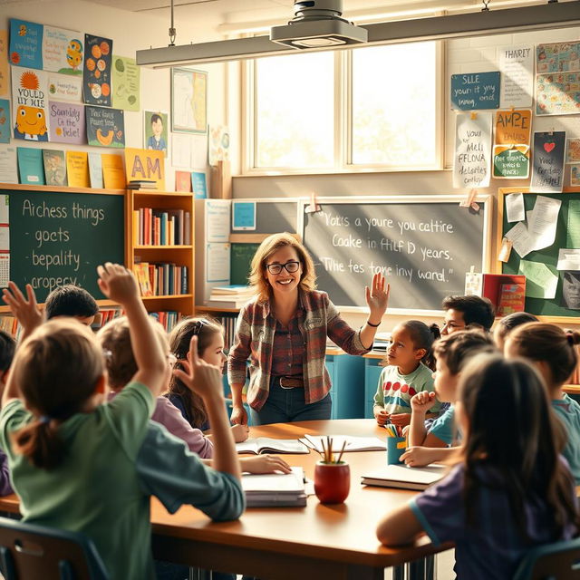 A vibrant and inspiring classroom scene showcasing an enthusiastic teacher engaging with a diverse group of students