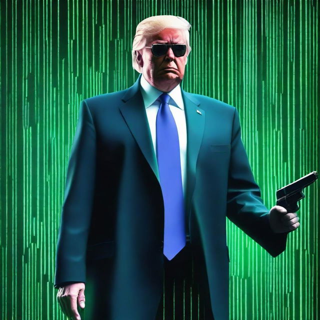 A high-quality, digital art image of Donald Trump in the style of an NFT, combining elements from The Matrix and John Wick