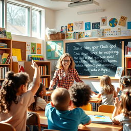 A vibrant and inspiring classroom scene showcasing an enthusiastic teacher engaging with a diverse group of students