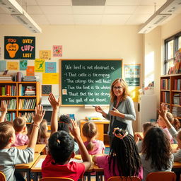 A vibrant and inspiring classroom scene showcasing an enthusiastic teacher engaging with a diverse group of students