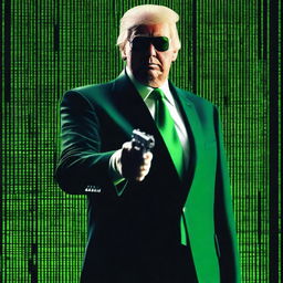 A high-quality, digital art image of Donald Trump in the style of an NFT, combining elements from The Matrix and John Wick