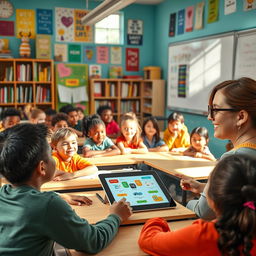 A vibrant and engaging classroom scene with diverse students of different ethnicities sitting at their desks, attentively listening to a teacher at the front