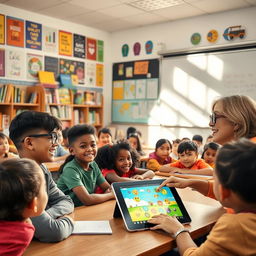 A vibrant and engaging classroom scene with diverse students of different ethnicities sitting at their desks, attentively listening to a teacher at the front