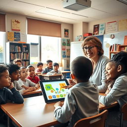 A vibrant and engaging classroom scene with diverse students of different ethnicities sitting at their desks, attentively listening to a teacher at the front