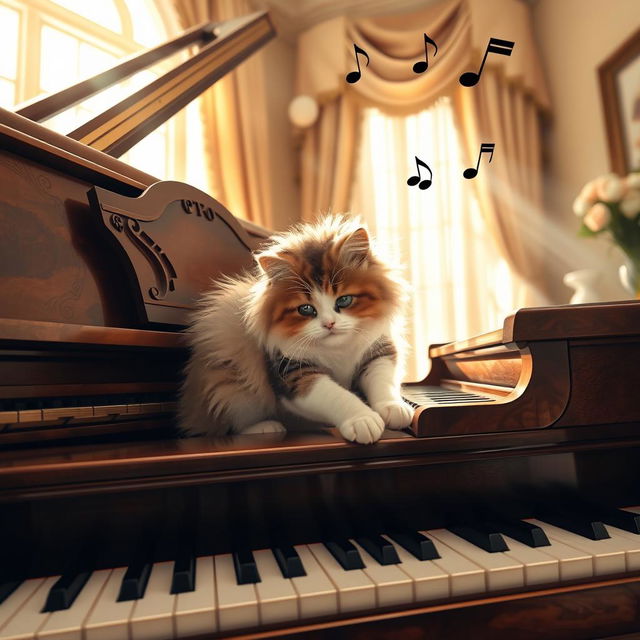 A whimsical scene featuring a fluffy, playful cat sitting on a grand piano, curiously pawing at the keys