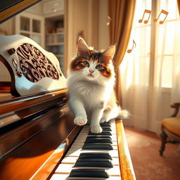 A whimsical scene featuring a fluffy, playful cat sitting on a grand piano, curiously pawing at the keys