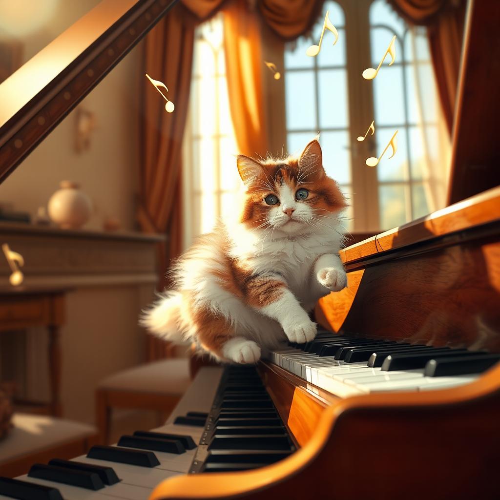 A whimsical scene featuring a fluffy, playful cat sitting on a grand piano, curiously pawing at the keys