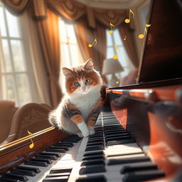 A whimsical scene featuring a fluffy, playful cat sitting on a grand piano, curiously pawing at the keys