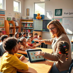 A vibrant and engaging classroom scene with diverse students of different ethnicities sitting at their desks, attentively listening to a teacher at the front