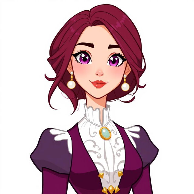 A female character design for the older sister of the protagonist from the webtoon 'Las Joyas de la Princesa', featuring burgundy hair and bright magenta eyes