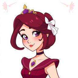 A female character design for the older sister of the protagonist from the webtoon 'Las Joyas de la Princesa', featuring burgundy hair and bright magenta eyes