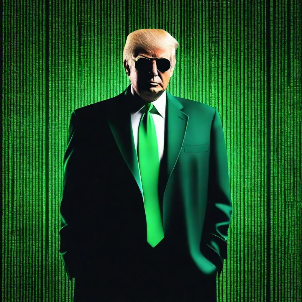 A superior quality, digital art image of Donald Trump in the style of an NFT, combining elements from The Matrix and The Godfather