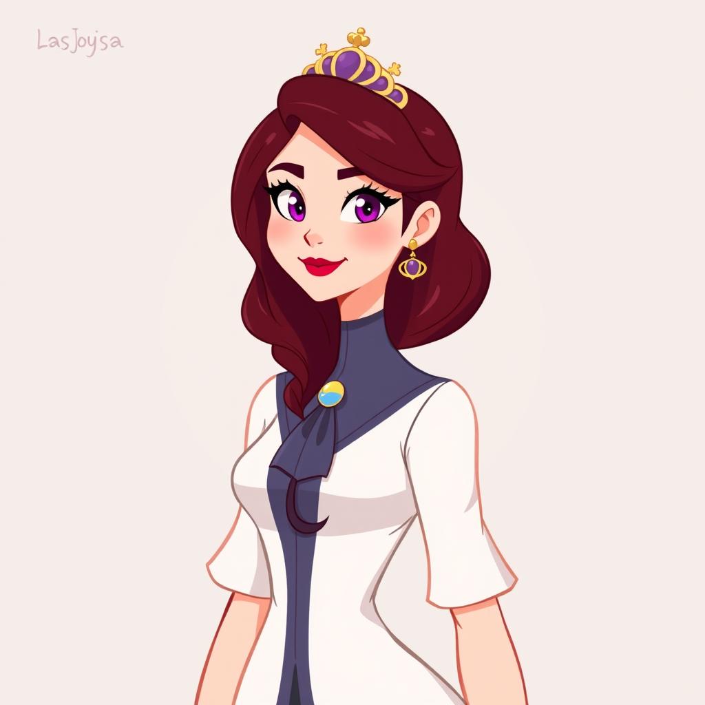 A female character design for the older sister of the protagonist from the webtoon 'Las Joyas de la Princesa', featuring burgundy hair and bright magenta eyes