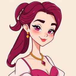 A female character design for the older sister of the protagonist from the webtoon 'Las Joyas de la Princesa', featuring burgundy hair and bright magenta eyes