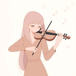 A serene and minimalist illustration of a woman playing the violin in the style of IncrediBox, featuring solid-color hair and a subdued palette