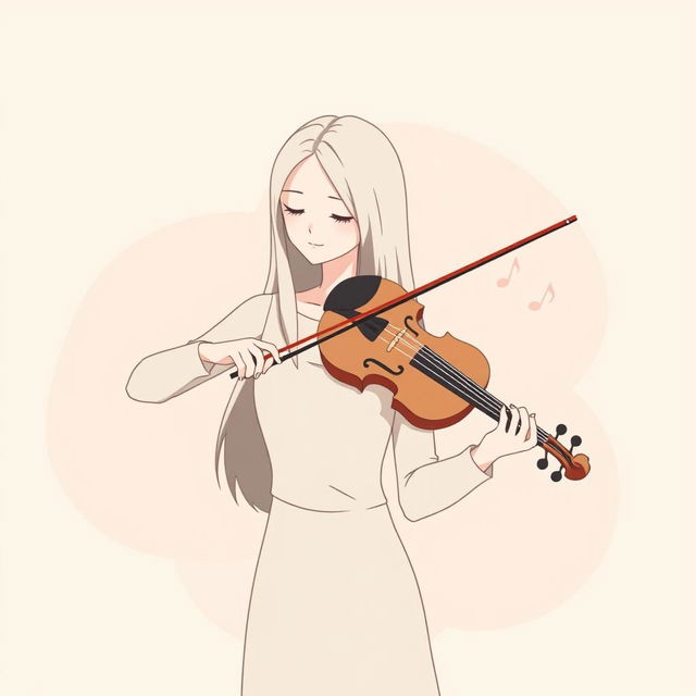 A serene and minimalist illustration of a woman playing the violin in the style of IncrediBox, featuring solid-color hair and a subdued palette