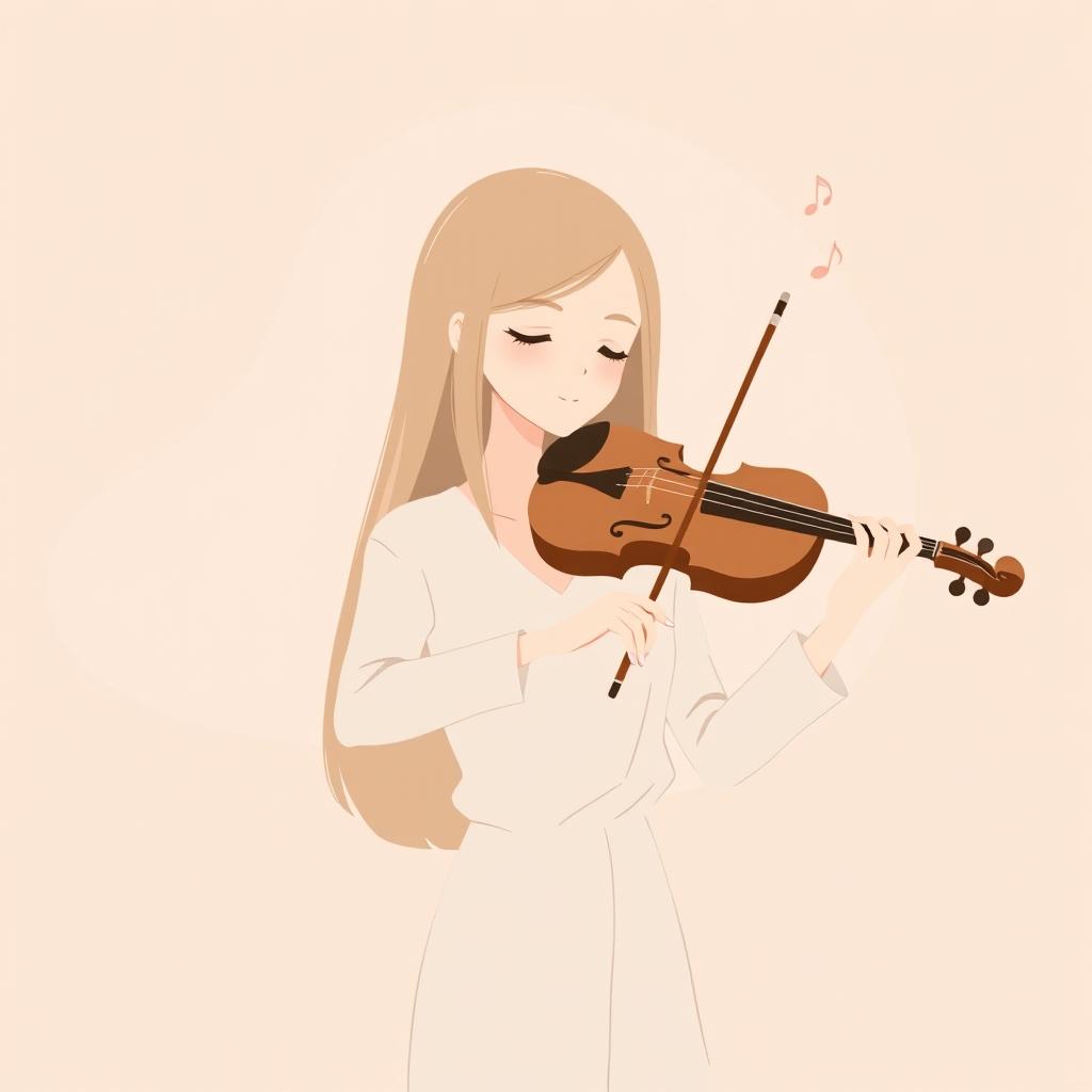 A serene and minimalist illustration of a woman playing the violin in the style of IncrediBox, featuring solid-color hair and a subdued palette