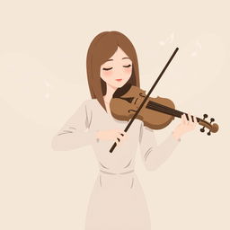 A serene and minimalist illustration of a woman playing the violin in the style of IncrediBox, featuring solid-color hair and a subdued palette