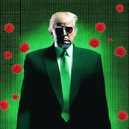 A superior quality, digital art image of Donald Trump in the style of an NFT, combining elements from The Matrix and The Godfather