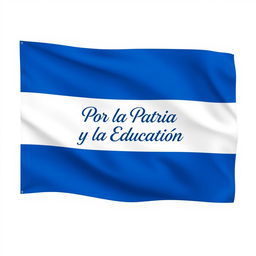 A flag design featuring three horizontal blue stripes, two vertical white stripes, and in the center, the phrase 'Por la Patria y la Educación' elegantly stylized