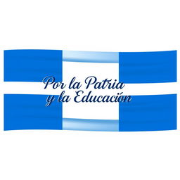 A flag design featuring three horizontal blue stripes, two vertical white stripes, and in the center, the phrase 'Por la Patria y la Educación' elegantly stylized