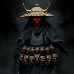 Kenji Hittori, a shadowy figure with long, flowing black hair that cascades to his waist, representing a haunting remnant of his humanity