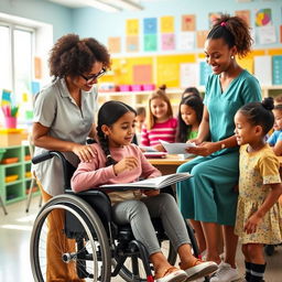 A warm and inspiring scene showcasing a disabled person receiving education support
