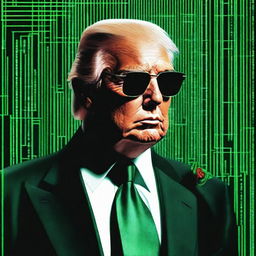 A superior quality, digital art image of Donald Trump in the style of an NFT, combining elements from The Matrix and The Godfather