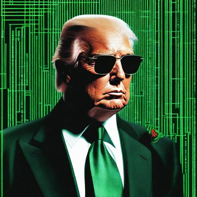 A superior quality, digital art image of Donald Trump in the style of an NFT, combining elements from The Matrix and The Godfather