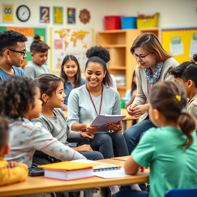 A warm and inspiring scene showcasing a disabled person receiving education support
