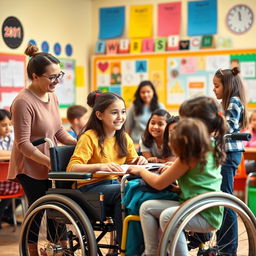 A warm and inspiring scene showcasing a disabled person receiving education support