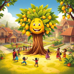 A heartwarming and enchanting scene depicting Ravi alongside the magical mango tree, radiating joy and happiness in the village