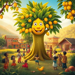 A heartwarming and enchanting scene depicting Ravi alongside the magical mango tree, radiating joy and happiness in the village