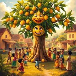 A heartwarming and enchanting scene depicting Ravi alongside the magical mango tree, radiating joy and happiness in the village