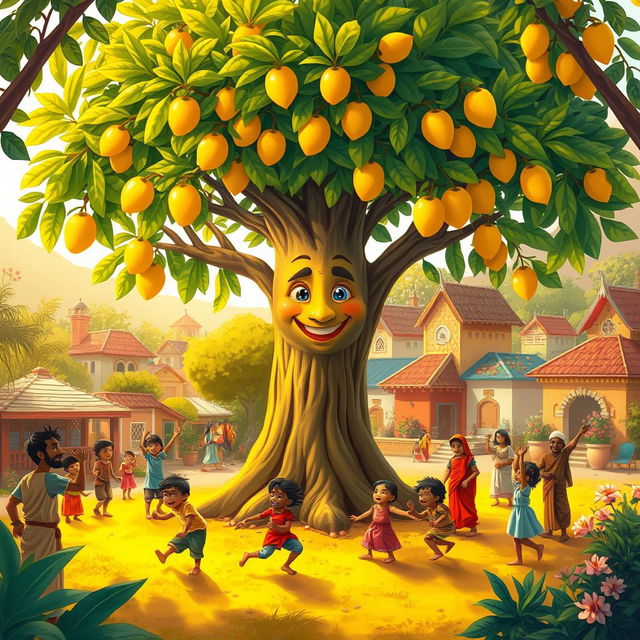 A heartwarming and enchanting scene depicting Ravi alongside the magical mango tree, radiating joy and happiness in the village