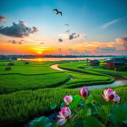 A picturesque landscape of Bangladesh, showcasing the lush green rice paddies, traditional thatched houses, and winding rivers