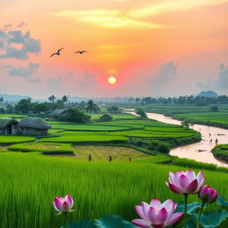 A picturesque landscape of Bangladesh, showcasing the lush green rice paddies, traditional thatched houses, and winding rivers