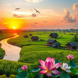 A picturesque landscape of Bangladesh, showcasing the lush green rice paddies, traditional thatched houses, and winding rivers