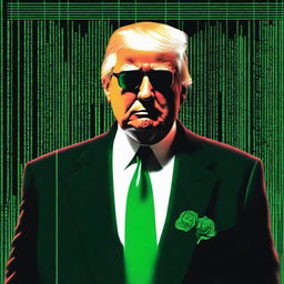 A superior quality, digital art image of Donald Trump in the style of an NFT, combining elements from The Matrix and The Godfather