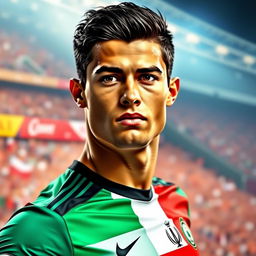 A portrait of a young man of Iranian descent, resembling a soccer player with Cristiano Ronaldo's signature style