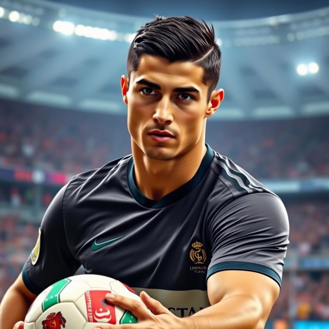 A portrait of a young man of Iranian descent, resembling a soccer player with Cristiano Ronaldo's signature style