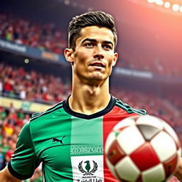 A portrait of a young man of Iranian descent, resembling a soccer player with Cristiano Ronaldo's signature style