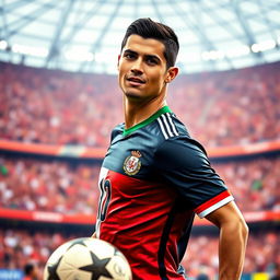 A portrait of a young man of Iranian descent, resembling a soccer player with Cristiano Ronaldo's signature style